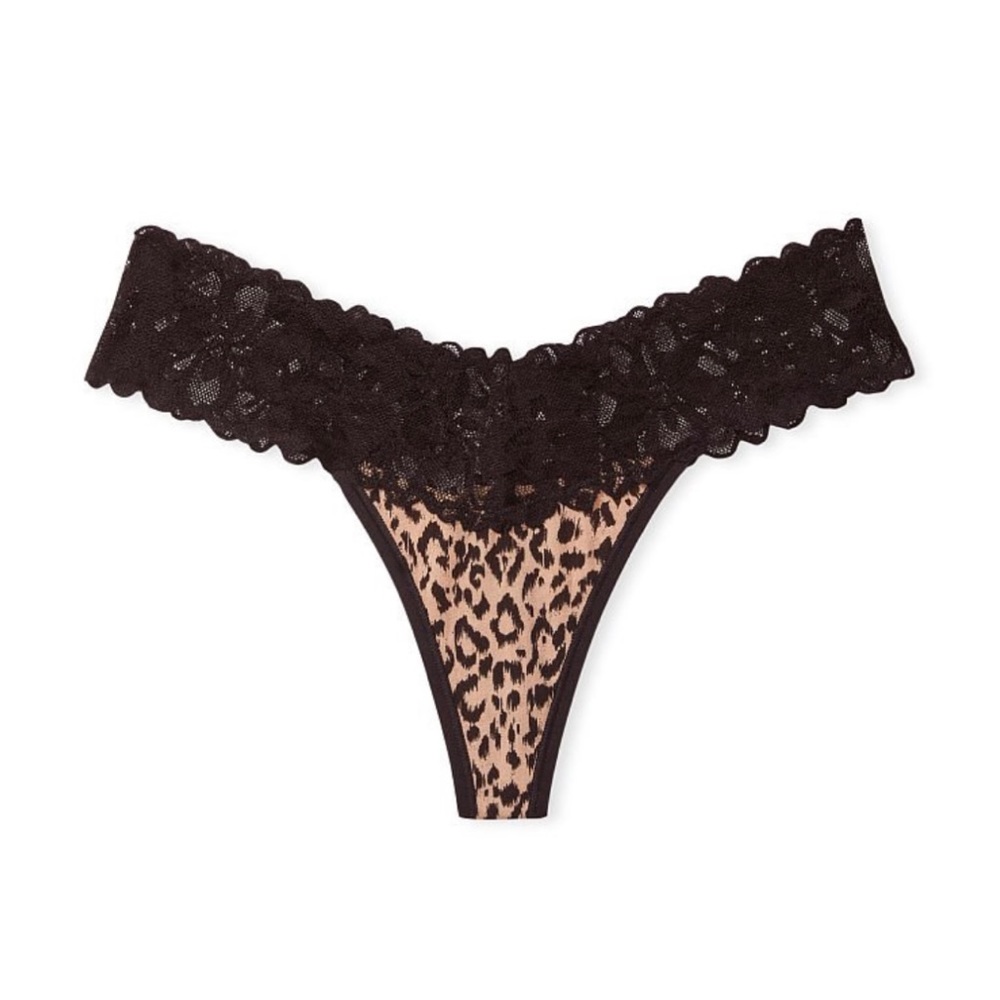 VICTORIA’S  SECRET  Lace Waist Thong Panty Size M Black /Leopard. NEW
